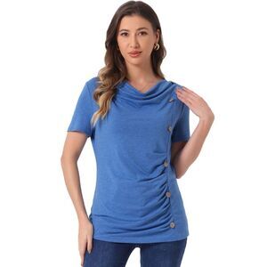 Cowl Neck Short Sleeve Button Decor Ruched Casual Basic T-Shirt Blue